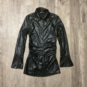 Zara Women's Faux Leather‎ Ruched Long Sleeves Button Down Shirt Top Black